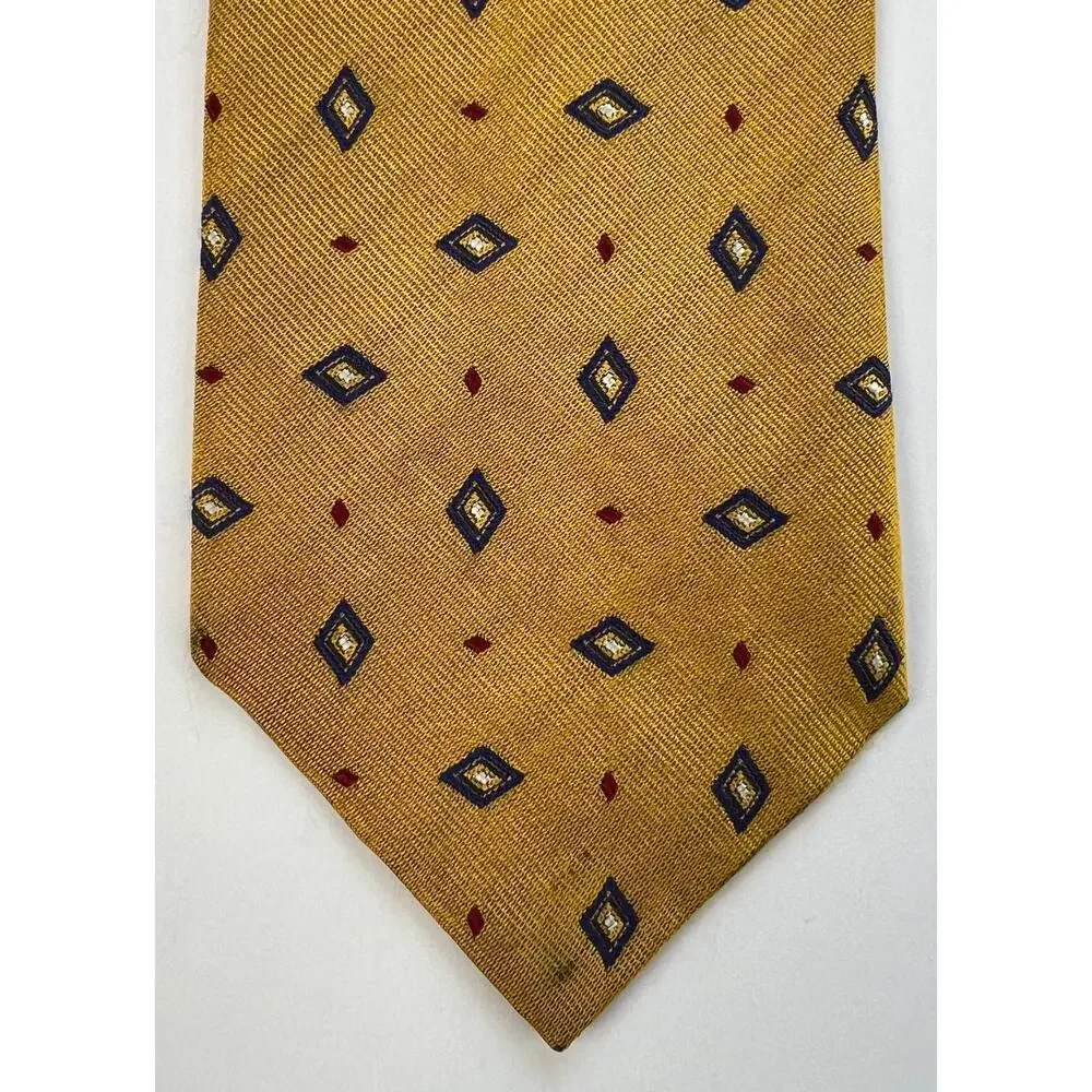 Lauren Ralph Lauren Yellow Silk Tie Blue Red Diamond Geometric USA Made
